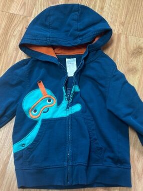 Kids Navy Blue Hooded Jacket with Octopus Appliqué